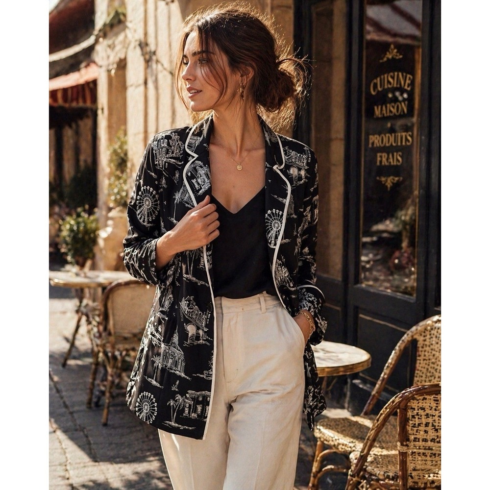 MAJE PARIS Black Toile Print Blazer Blouse Jacket S 1 Silk Feel Parisian Chic